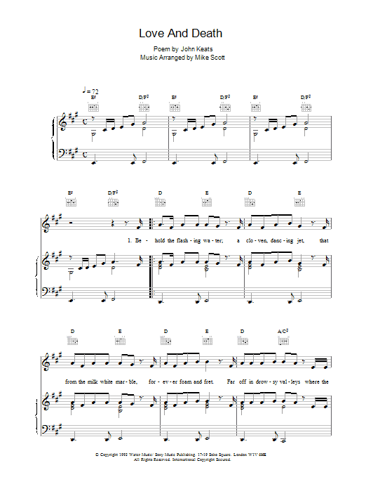 The Waterboys Love And Death sheet music notes and chords arranged for Piano, Vocal & Guitar Chords