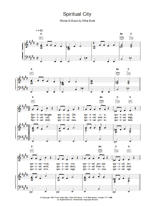 The Waterboys Spiritual City sheet music notes and chords arranged for Piano, Vocal & Guitar Chords