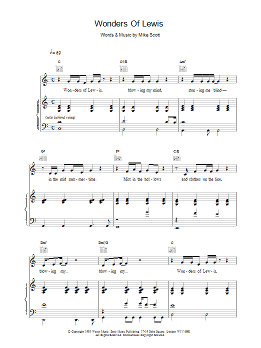 The Waterboys Wonders Of Lewis sheet music notes and chords arranged for Piano, Vocal & Guitar Chords
