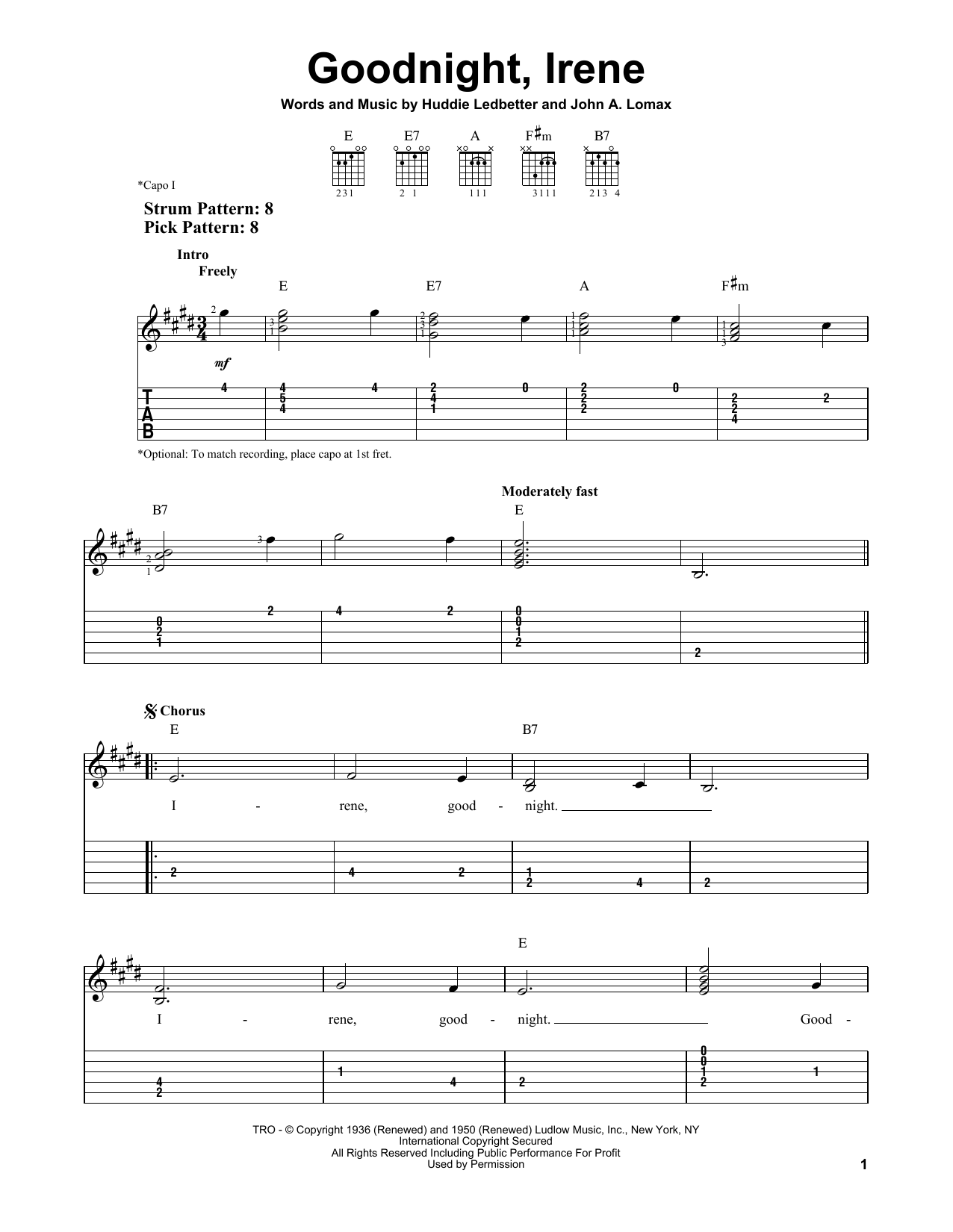 The Weavers Goodnight, Irene sheet music notes and chords arranged for Easy Guitar Tab