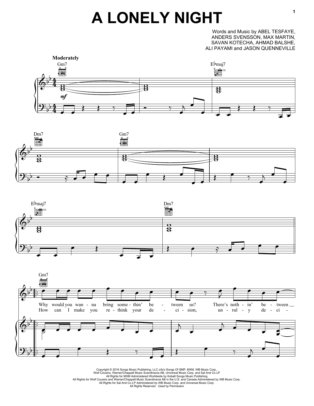 The Weeknd A Lonely Night sheet music notes and chords arranged for Piano, Vocal & Guitar Chords (Right-Hand Melody)