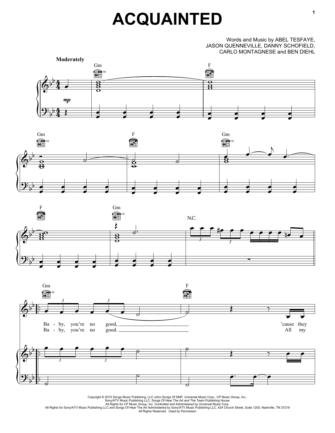 The Weeknd Acquainted sheet music notes and chords arranged for Piano, Vocal & Guitar Chords (Right-Hand Melody)