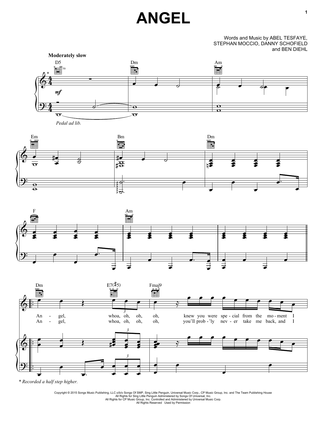 The Weeknd Angel sheet music notes and chords arranged for Piano, Vocal & Guitar Chords (Right-Hand Melody)