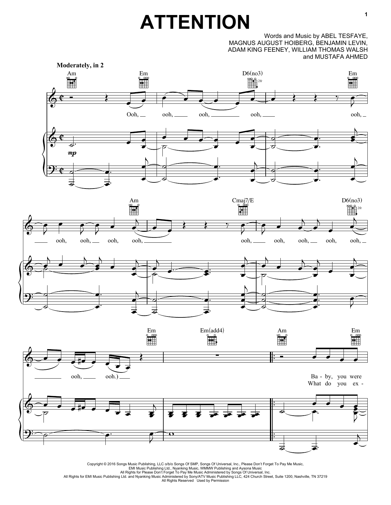 The Weeknd Attention sheet music notes and chords arranged for Piano, Vocal & Guitar Chords (Right-Hand Melody)