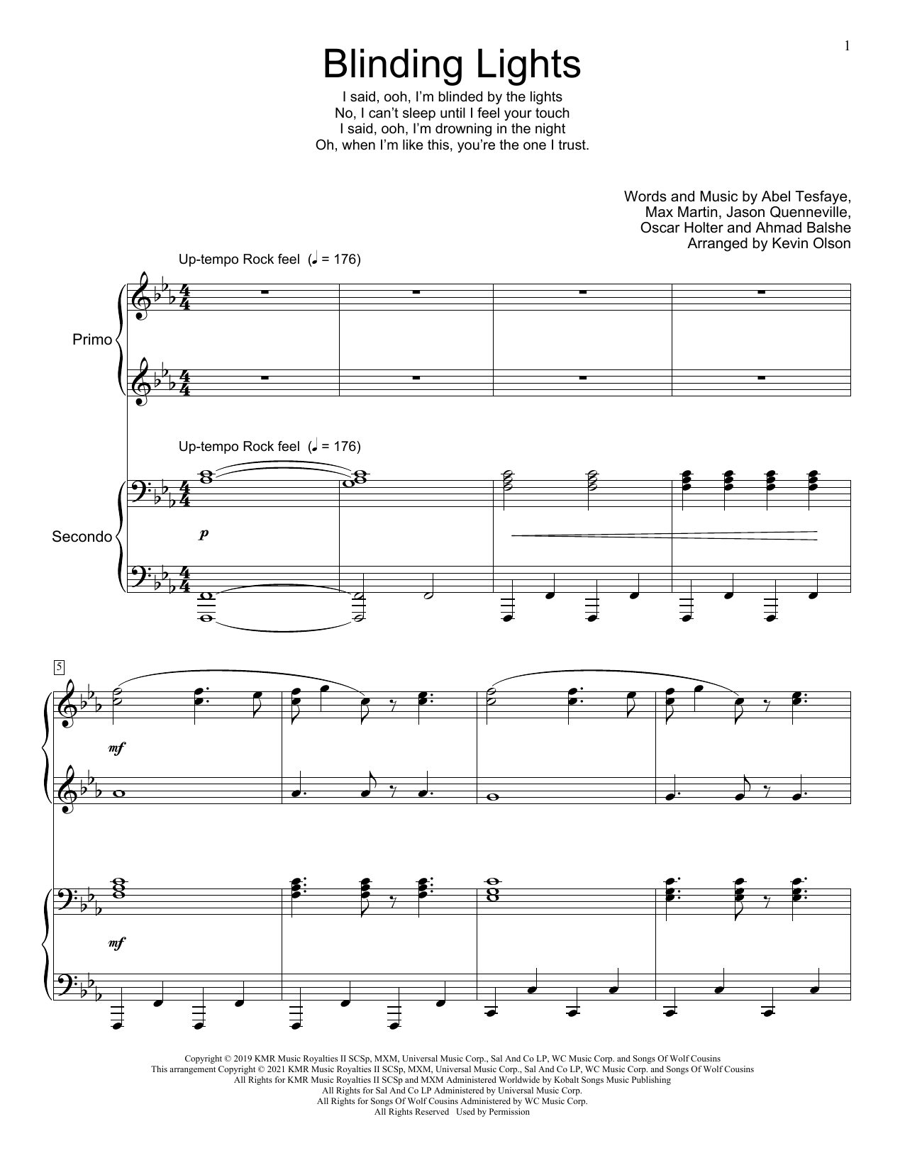 The Weeknd Blinding Lights (arr. Kevin Olson) sheet music notes and chords arranged for Piano Duet