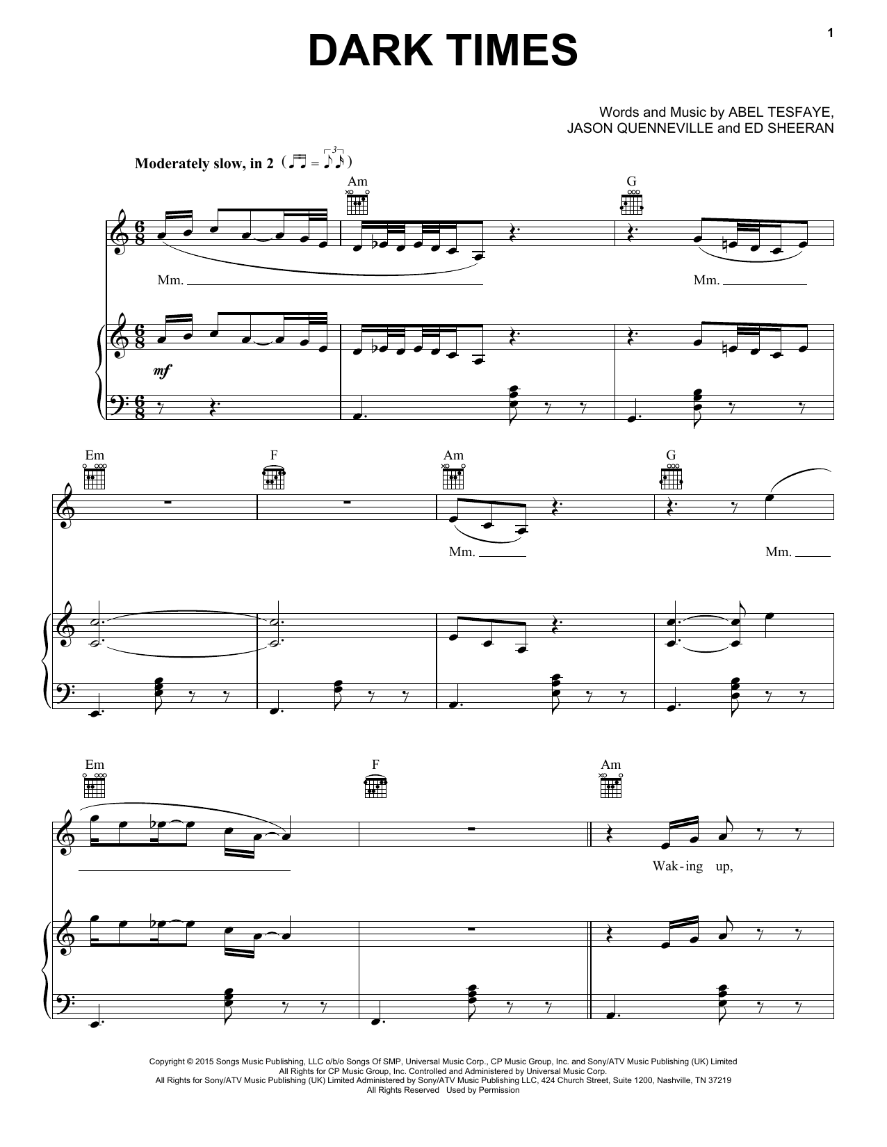 The Weeknd Dark Times sheet music notes and chords arranged for Piano, Vocal & Guitar Chords (Right-Hand Melody)