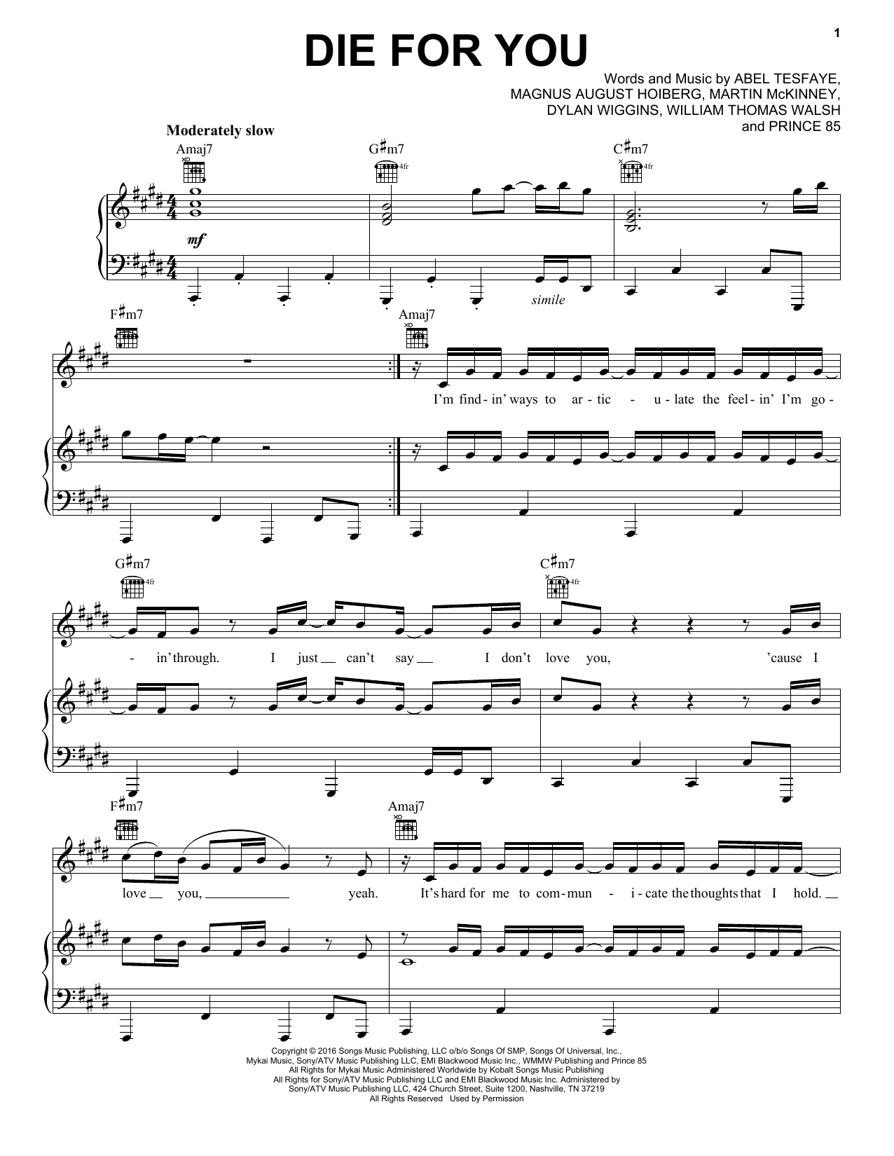 The Weeknd Die For You sheet music notes and chords arranged for Piano, Vocal & Guitar Chords (Right-Hand Melody)