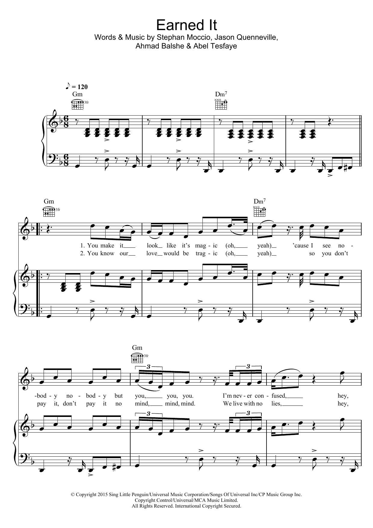The Weeknd Earned It (from 'Fifty Shades Of Grey') sheet music notes and chords arranged for Piano, Vocal & Guitar Chords