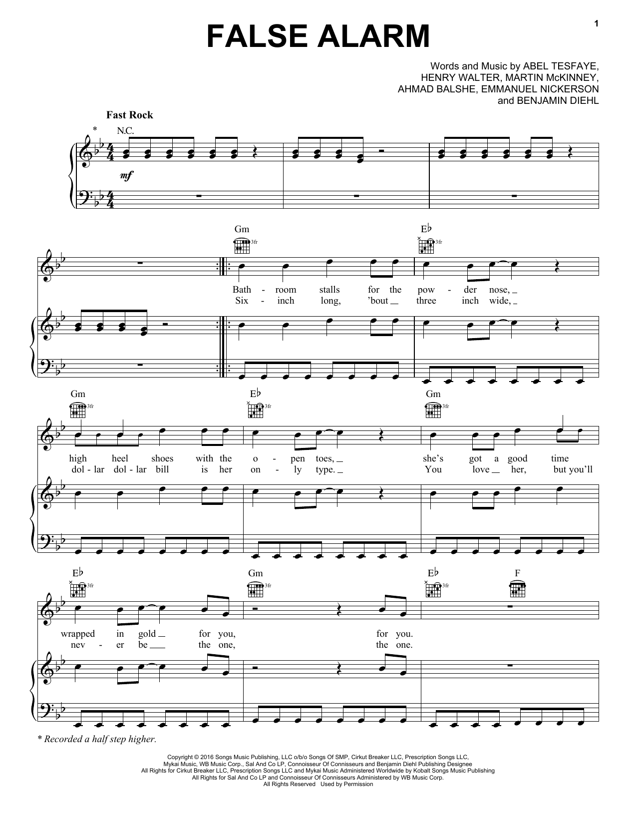 The Weeknd False Alarm sheet music notes and chords arranged for Piano, Vocal & Guitar Chords (Right-Hand Melody)