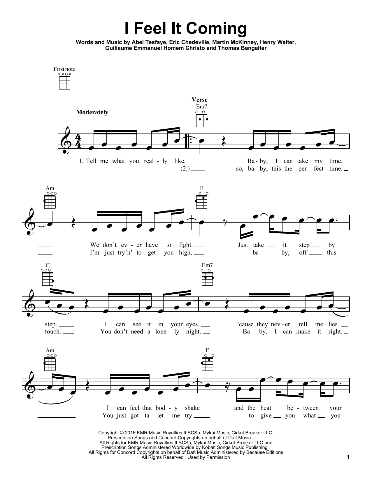 The Weeknd feat. Daft Punk I Feel It Coming sheet music notes and chords arranged for Ukulele