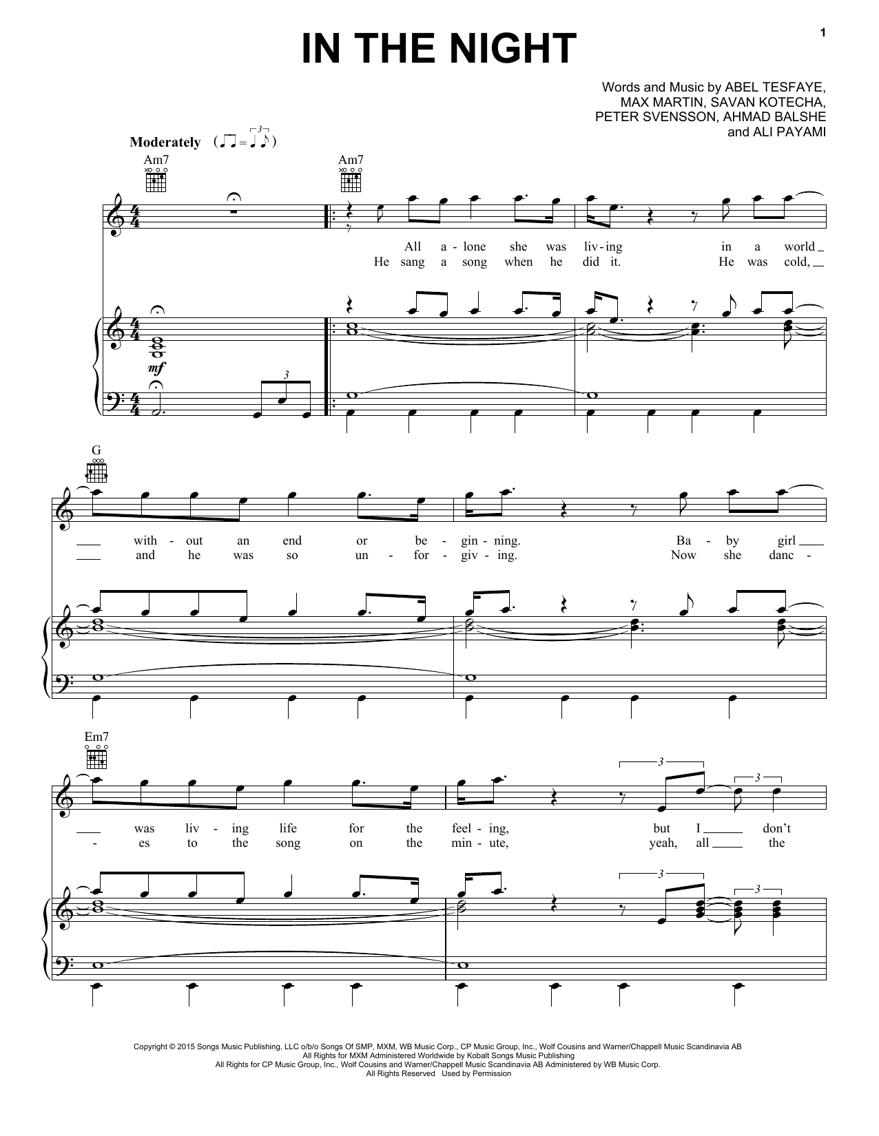 The Weeknd In The Night sheet music notes and chords arranged for Piano, Vocal & Guitar Chords (Right-Hand Melody)