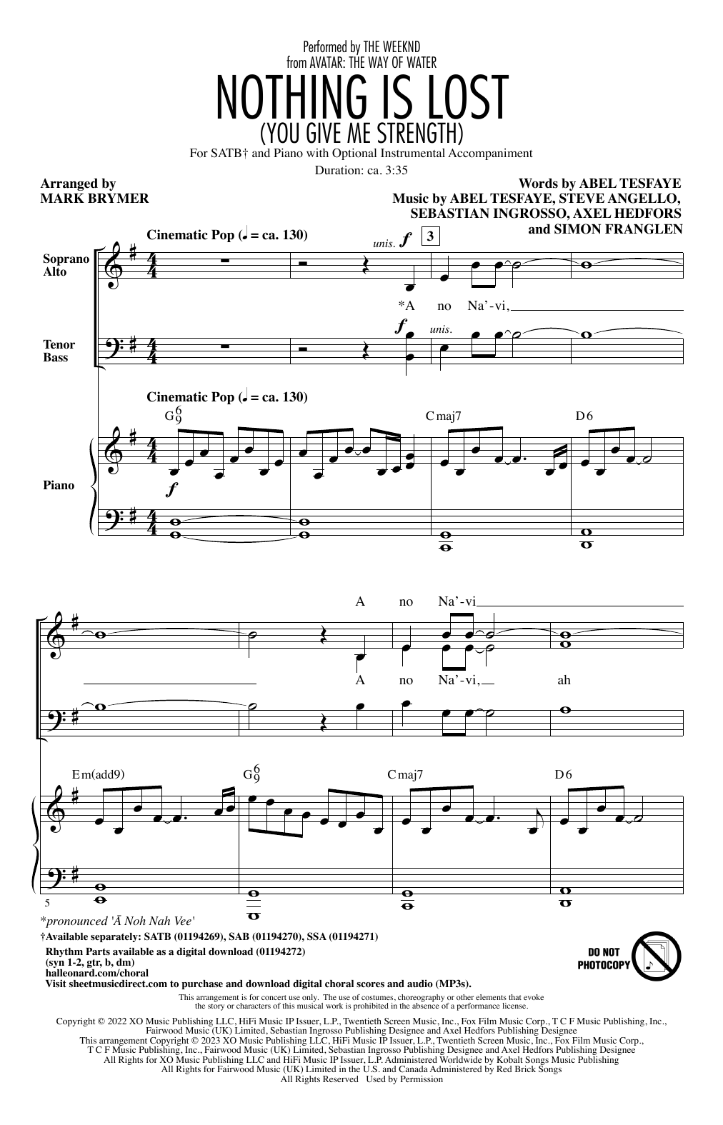 The Weeknd Nothing Is Lost (You Give Me Strength) (arr. Mark Brymer) sheet music notes and chords arranged for SSA Choir