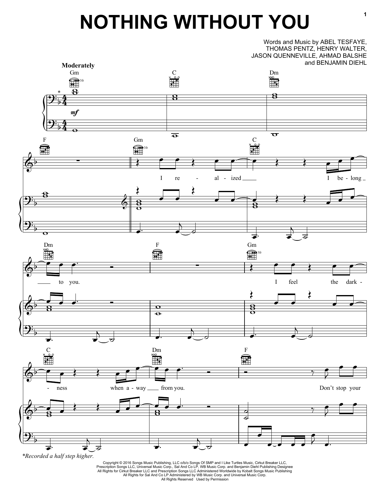 The Weeknd Nothing Without You sheet music notes and chords arranged for Piano, Vocal & Guitar Chords (Right-Hand Melody)