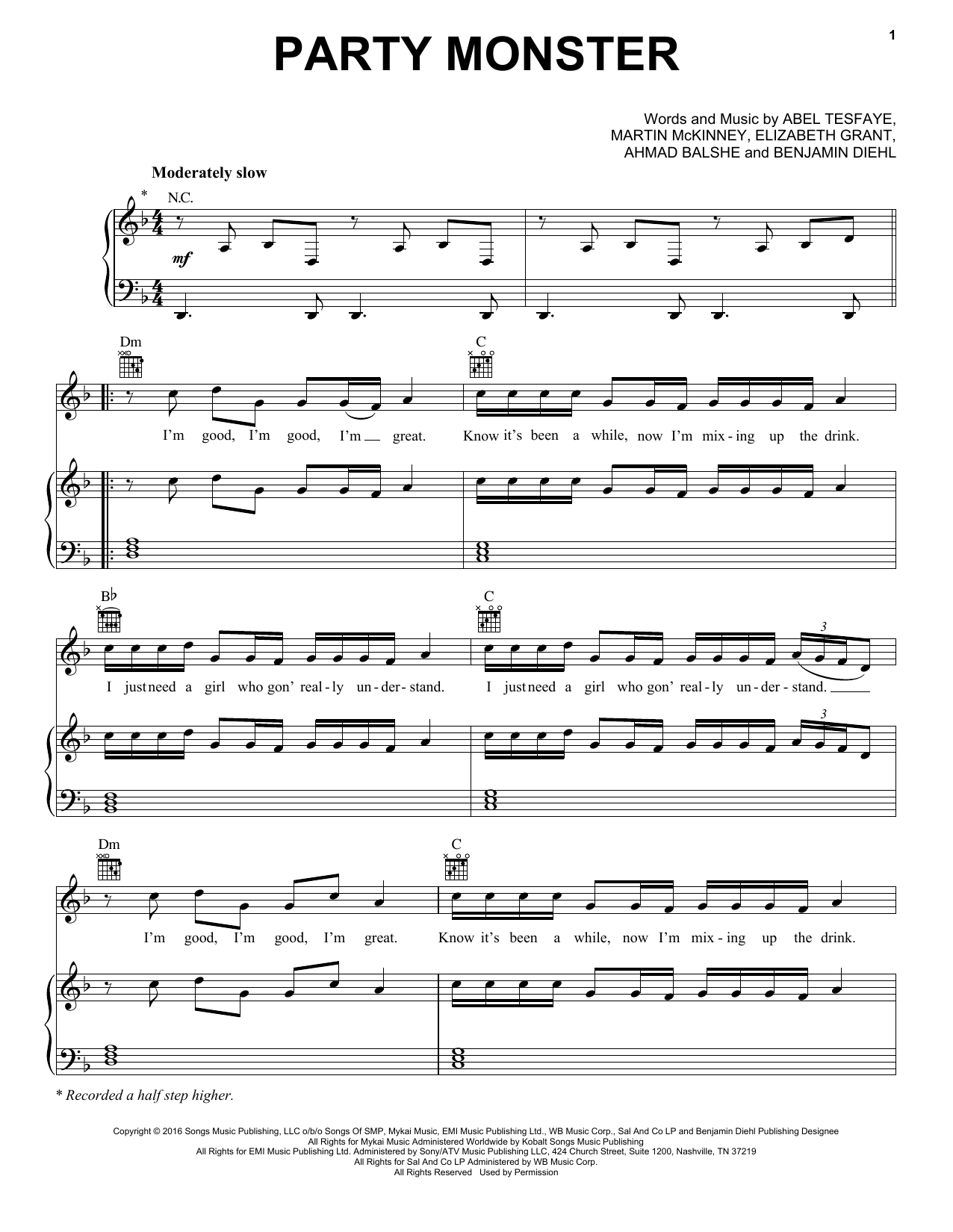 The Weeknd Party Monster sheet music notes and chords arranged for Piano, Vocal & Guitar Chords (Right-Hand Melody)