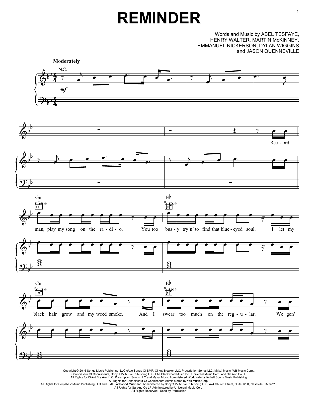 The Weeknd Reminder sheet music notes and chords arranged for Piano, Vocal & Guitar Chords (Right-Hand Melody)