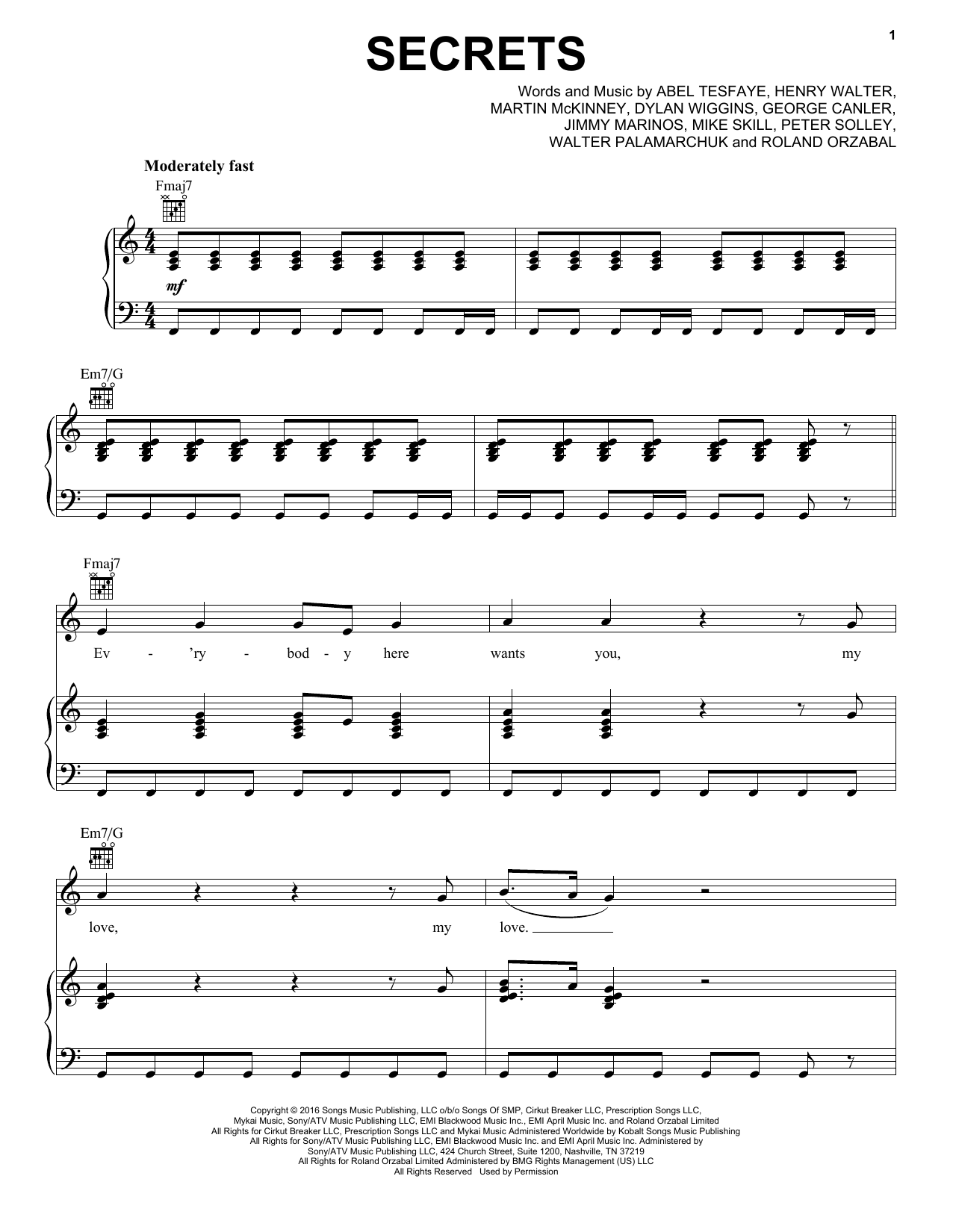 The Weeknd Secrets sheet music notes and chords arranged for Piano, Vocal & Guitar Chords (Right-Hand Melody)