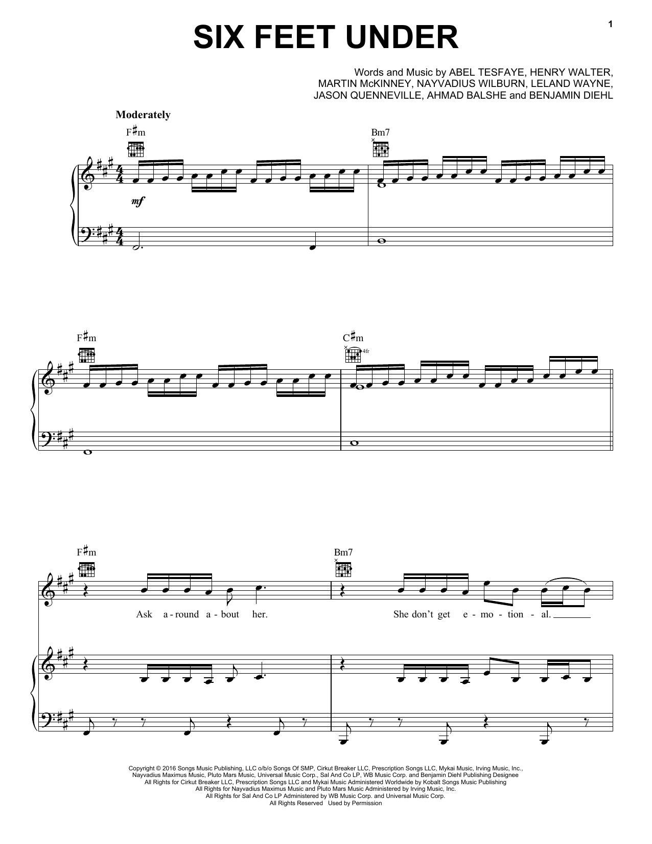 The Weeknd Six Feet Under sheet music notes and chords arranged for Piano, Vocal & Guitar Chords (Right-Hand Melody)