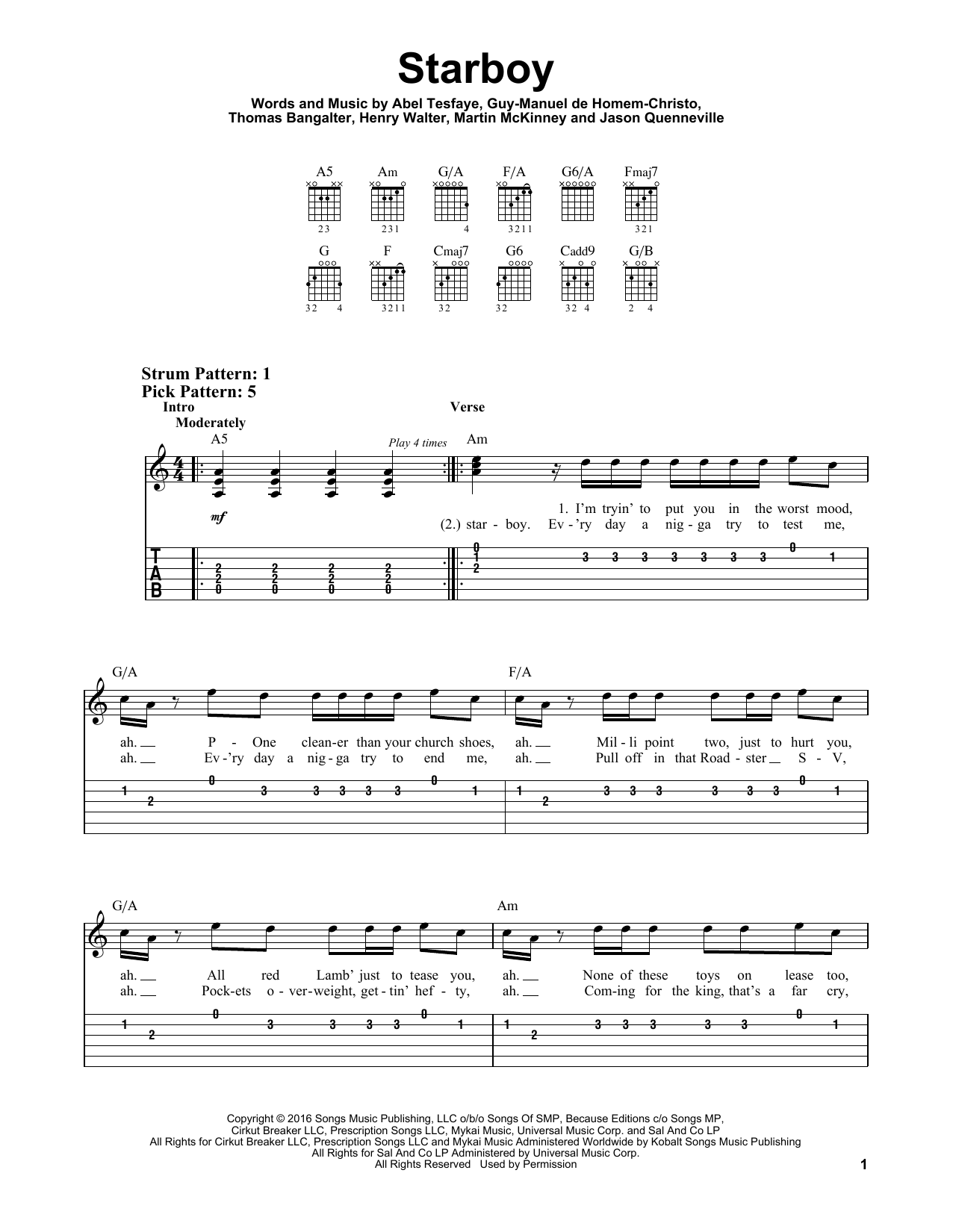 The Weeknd Starboy (feat. Daft Punk) sheet music notes and chords arranged for Easy Guitar Tab