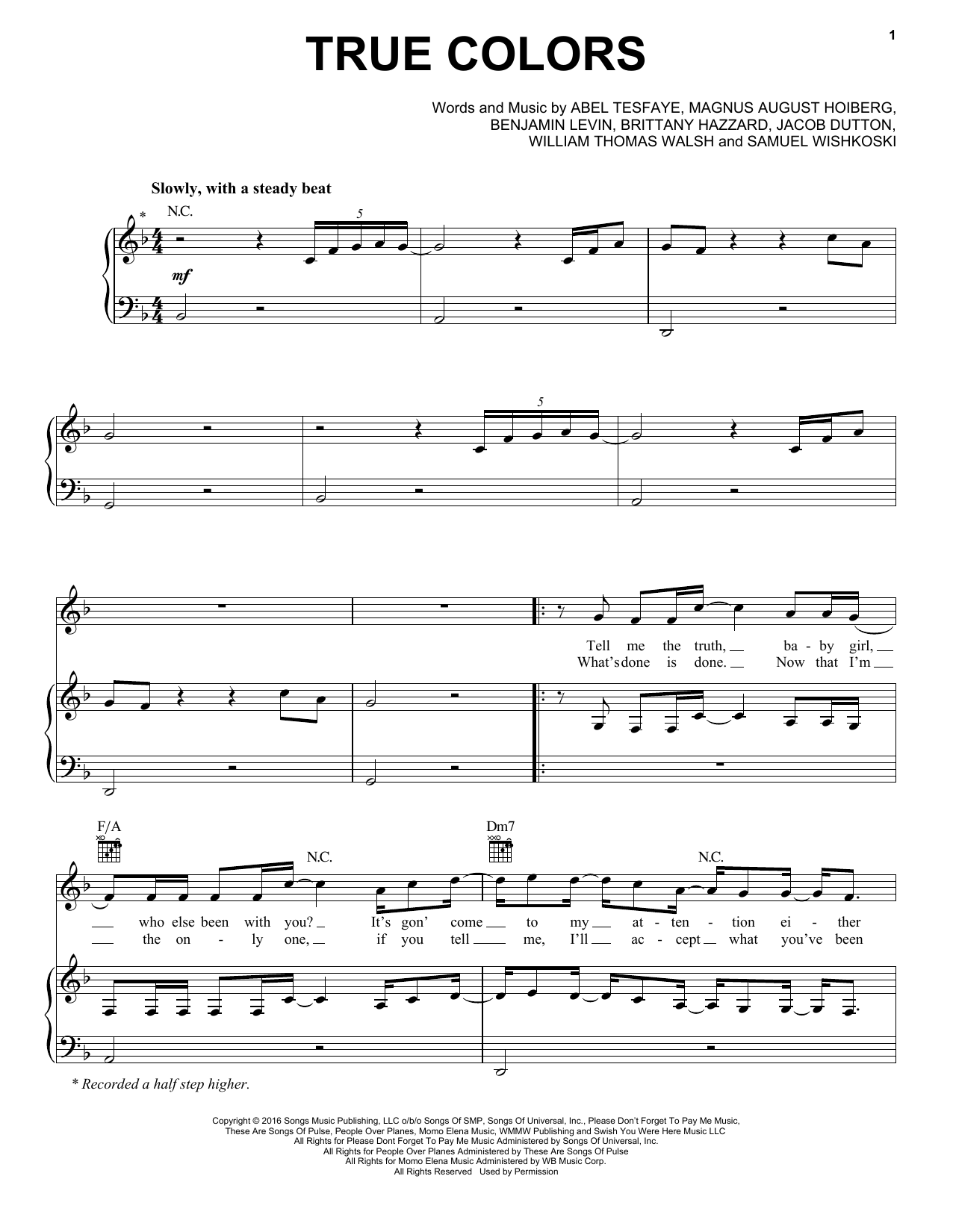The Weeknd True Colors sheet music notes and chords arranged for Piano, Vocal & Guitar Chords (Right-Hand Melody)