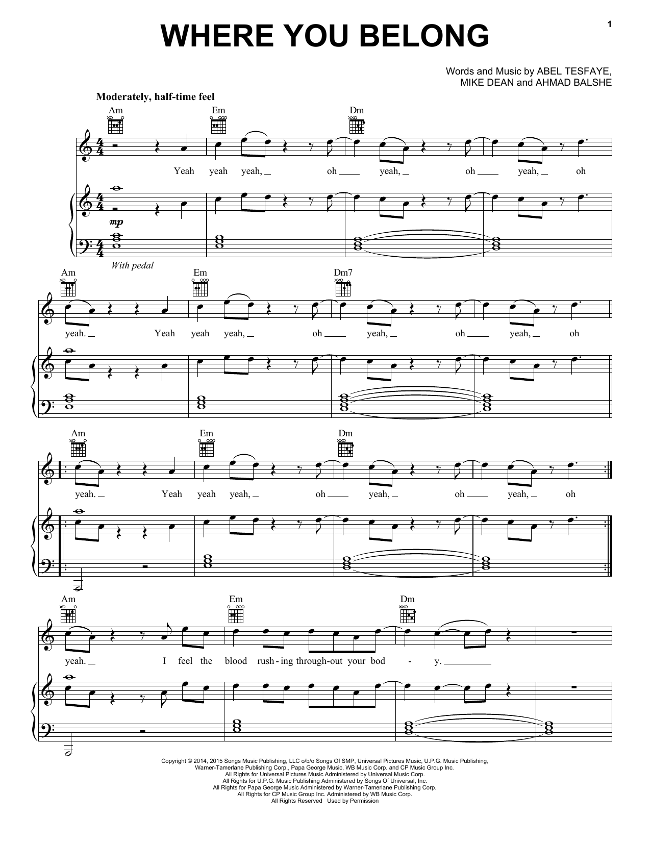The Weeknd Where You Belong sheet music notes and chords arranged for Piano, Vocal & Guitar Chords (Right-Hand Melody)