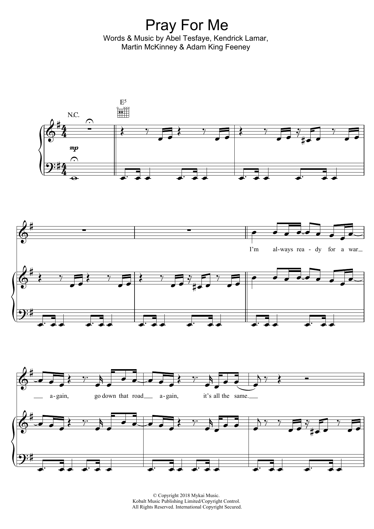 The Weeknd with Kendrick Lamar Pray For Me sheet music notes and chords arranged for Piano, Vocal & Guitar Chords