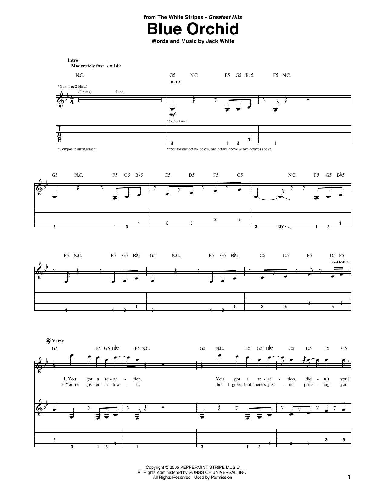 The White Stripes Blue Orchid sheet music notes and chords arranged for Guitar Tab