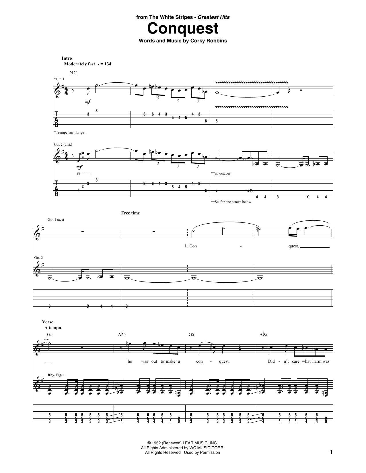 The White Stripes Conquest sheet music notes and chords arranged for Guitar Tab