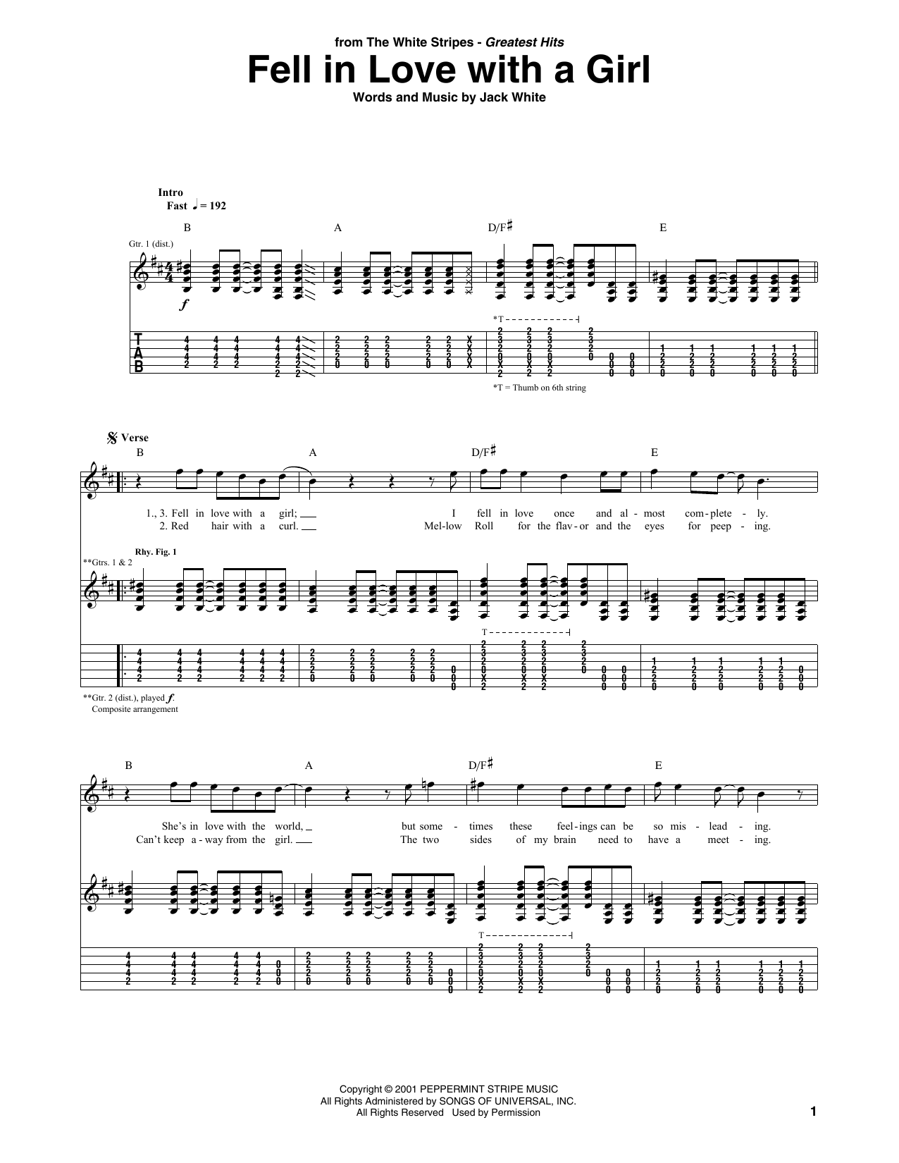 The White Stripes Fell In Love With A Girl sheet music notes and chords arranged for Guitar Tab