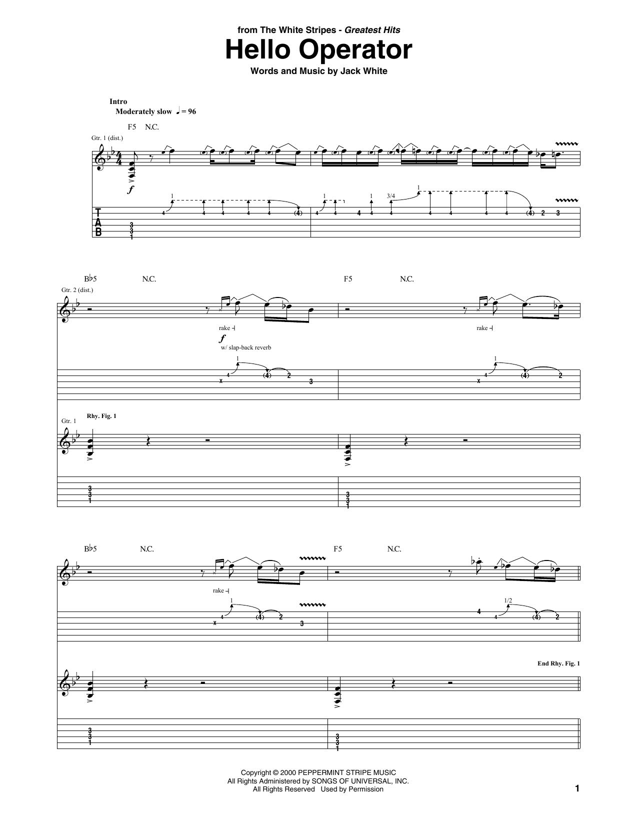 The White Stripes Hello Operator sheet music notes and chords arranged for Guitar Tab