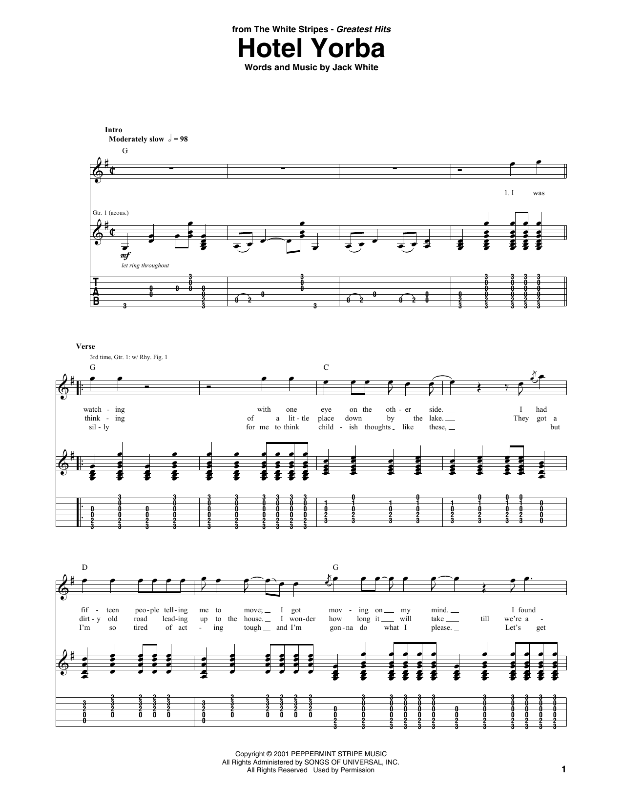 The White Stripes Hotel Yorba sheet music notes and chords arranged for Guitar Tab