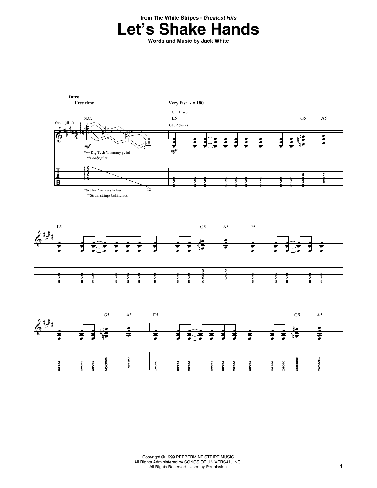 The White Stripes Let's Shake Hands sheet music notes and chords arranged for Guitar Tab