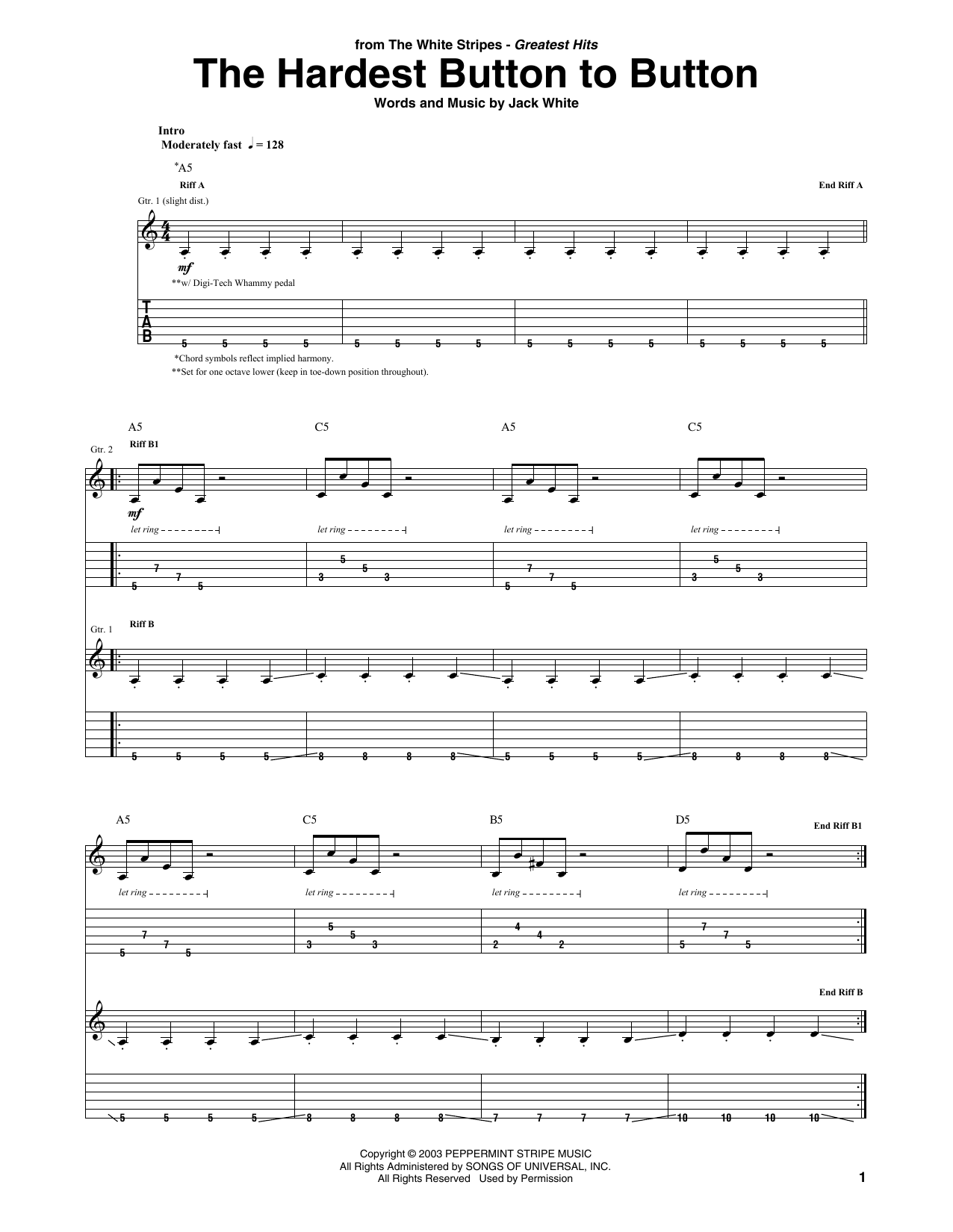 The White Stripes The Hardest Button To Button sheet music notes and chords arranged for Guitar Tab