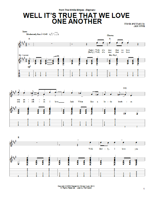 The White Stripes Well It's True That We Love One Another sheet music notes and chords arranged for Guitar Tab
