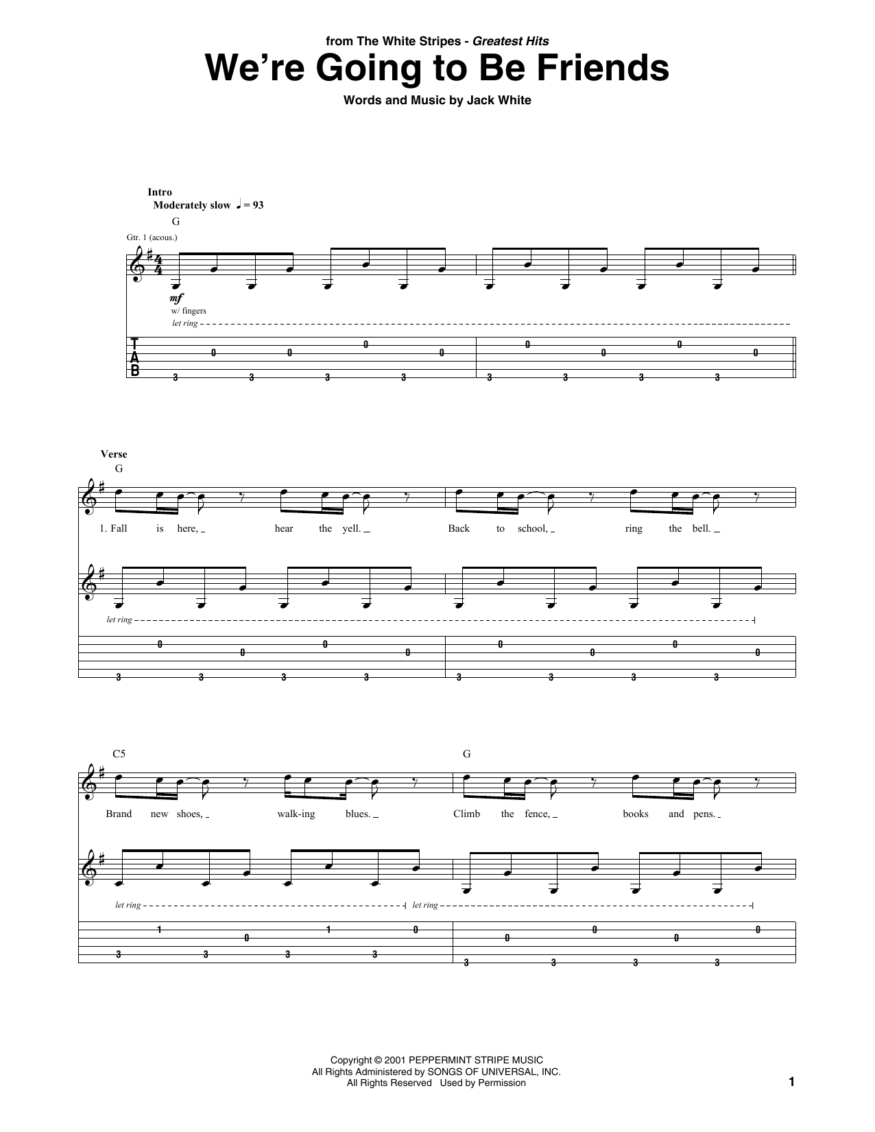 The White Stripes We're Going To Be Friends sheet music notes and chords arranged for Guitar Tab