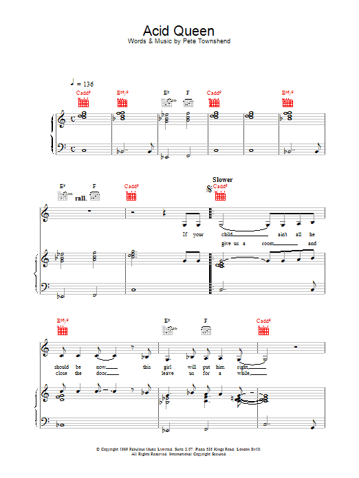 The Who Acid Queen sheet music notes and chords arranged for Piano, Vocal & Guitar Chords (Right-Hand Melody)