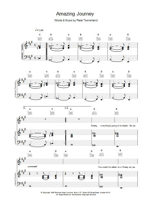 The Who Amazing Journey sheet music notes and chords arranged for Piano, Vocal & Guitar Chords