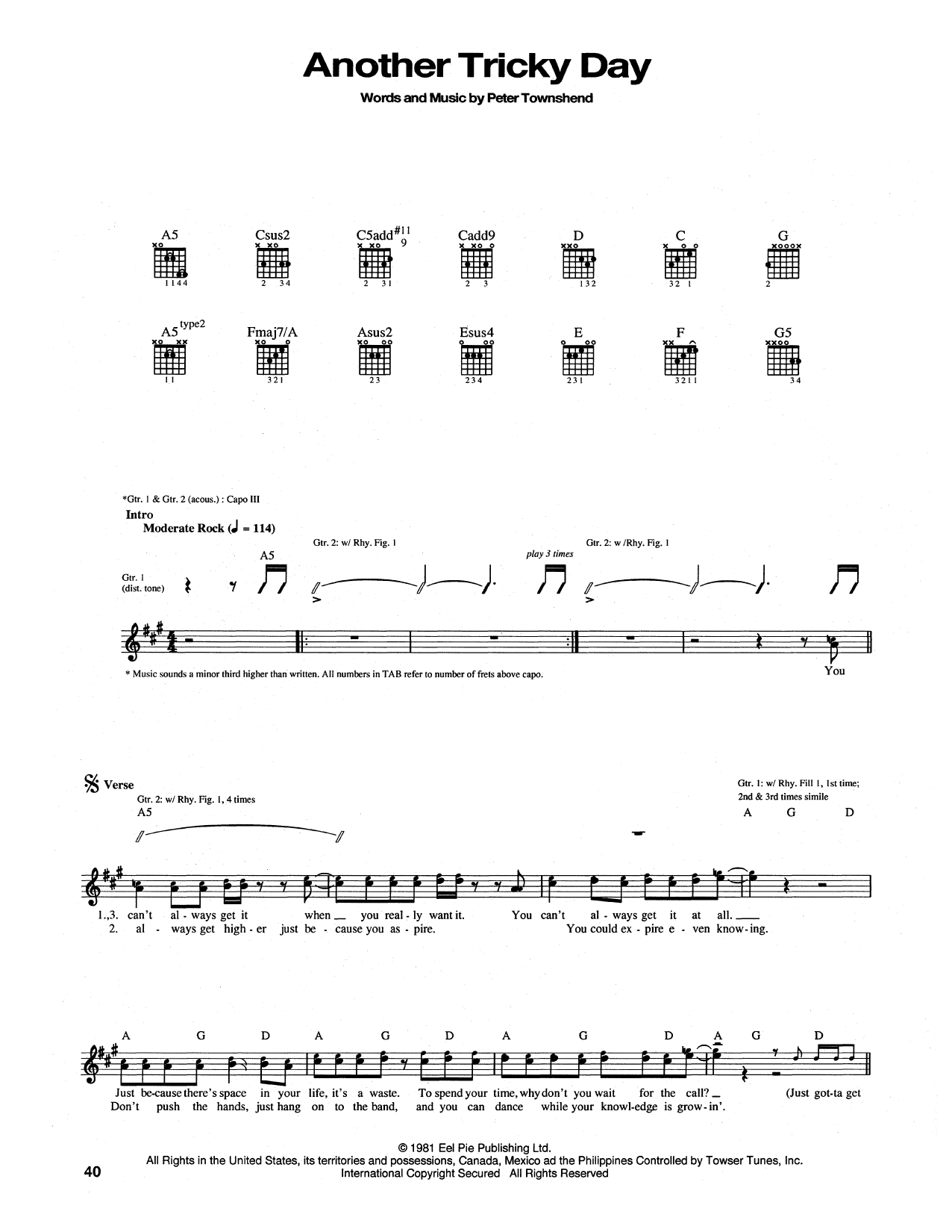The Who Another Tricky Day sheet music notes and chords arranged for Piano, Vocal & Guitar Chords (Right-Hand Melody)