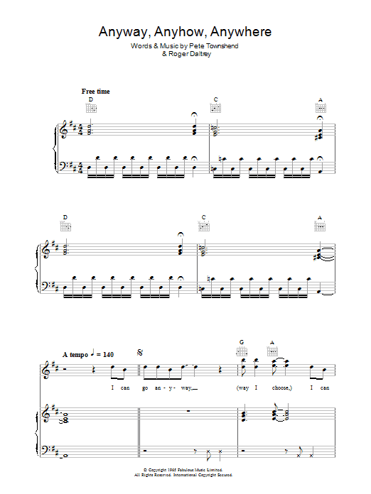 The Who Anyway, Anyhow, Anywhere sheet music notes and chords arranged for Piano, Vocal & Guitar Chords