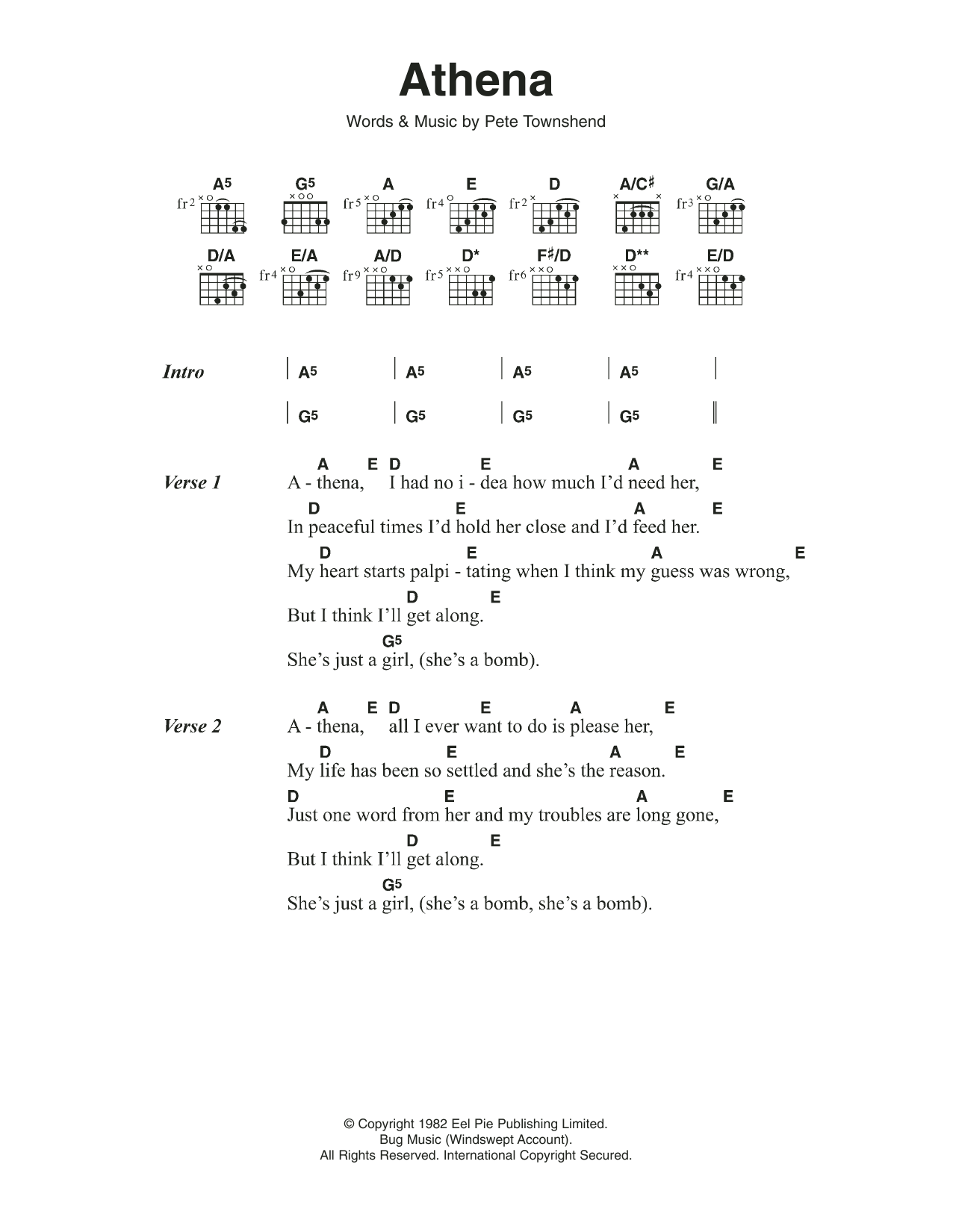 The Who Athena sheet music notes and chords arranged for Guitar Chords/Lyrics