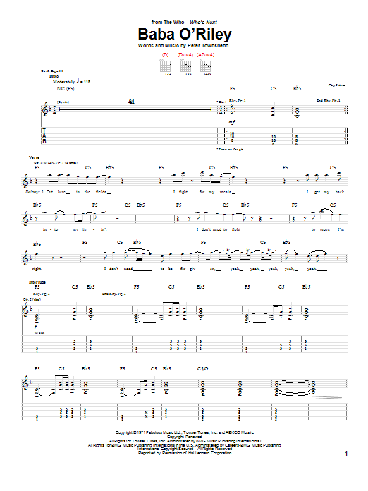 The Who Baba O'Riley sheet music notes and chords arranged for Piano, Vocal & Guitar Chords (Right-Hand Melody)