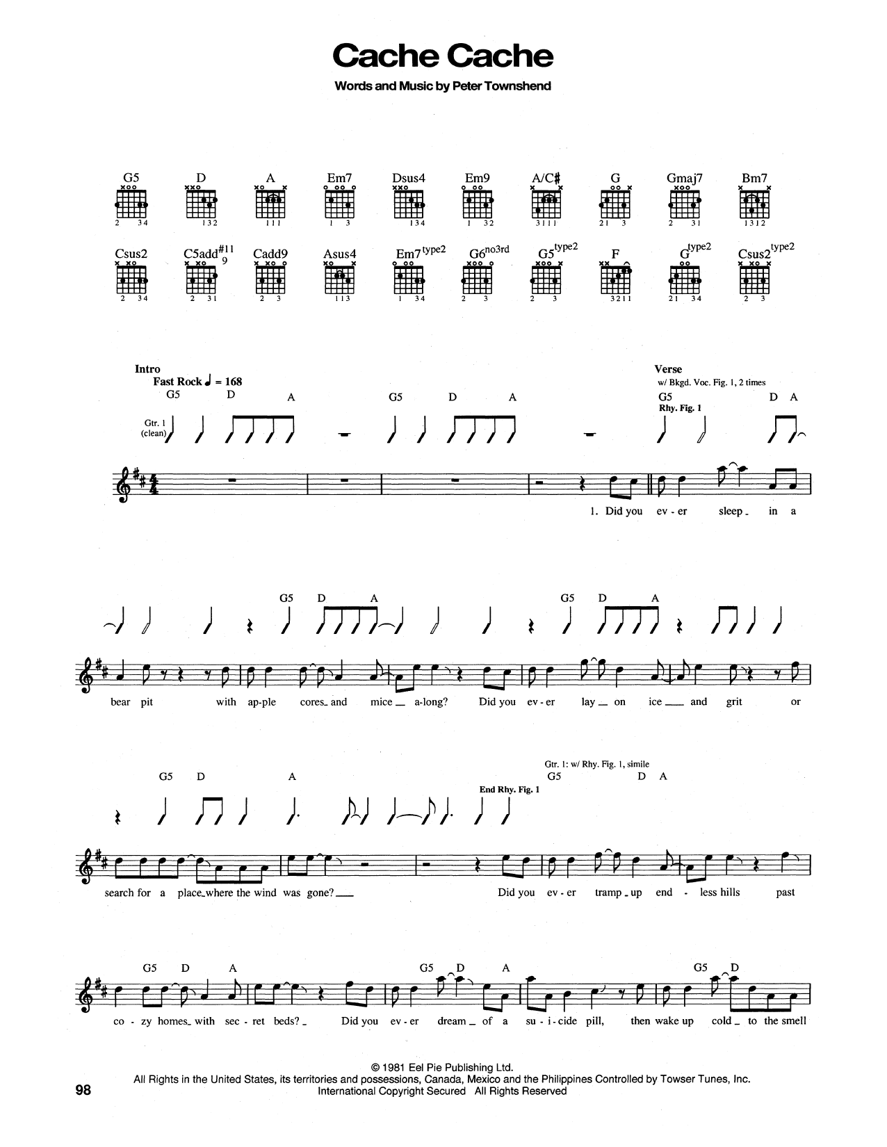 The Who Cache Cache sheet music notes and chords arranged for Piano, Vocal & Guitar Chords (Right-Hand Melody)