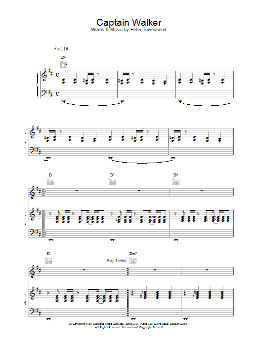 The Who Captain Walker sheet music notes and chords arranged for Piano, Vocal & Guitar Chords