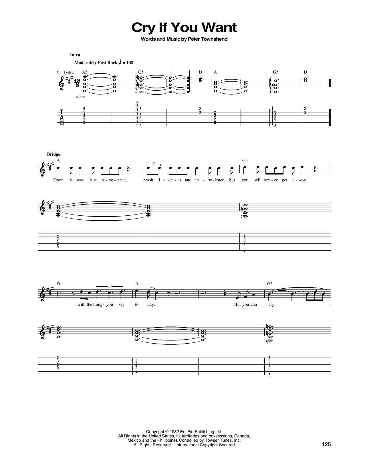 The Who Cry If You Want sheet music notes and chords arranged for Guitar Tab