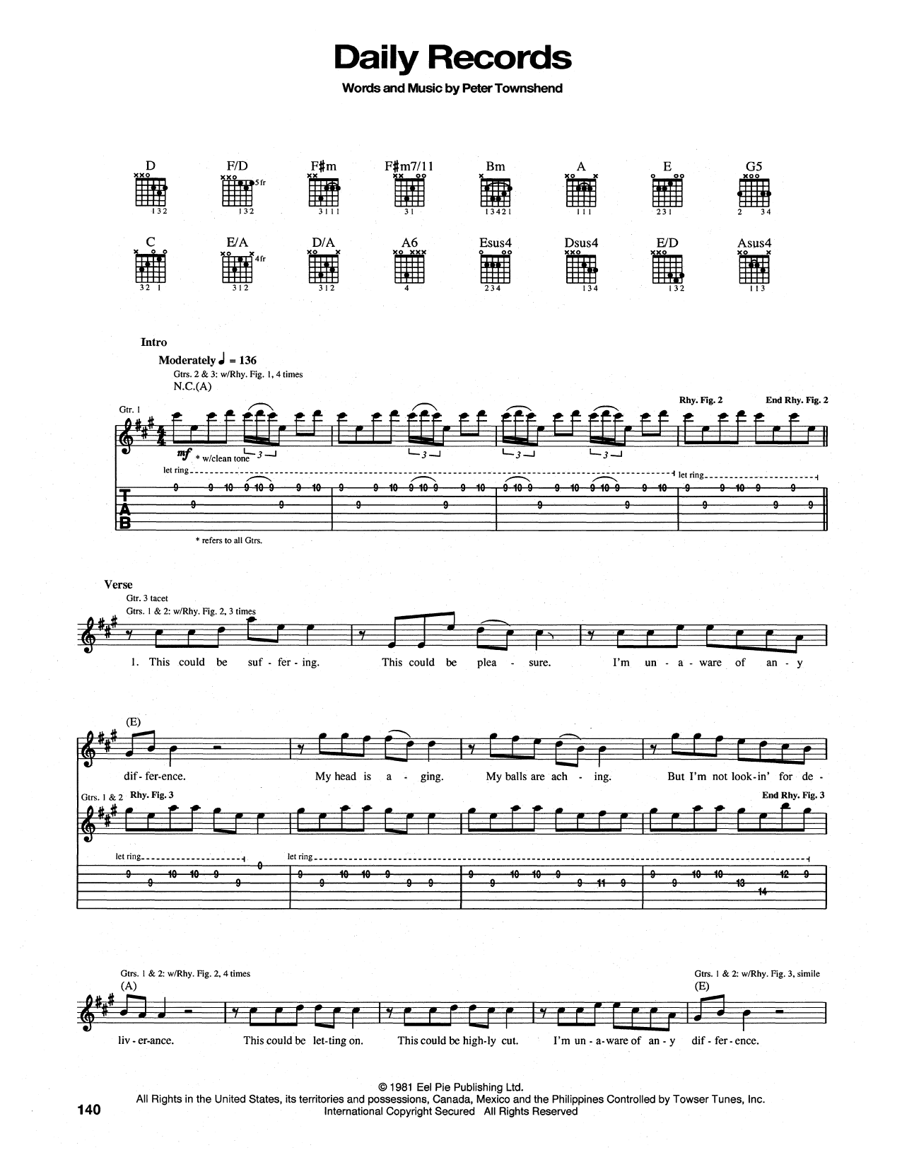 The Who Daily Records sheet music notes and chords arranged for Guitar Tab