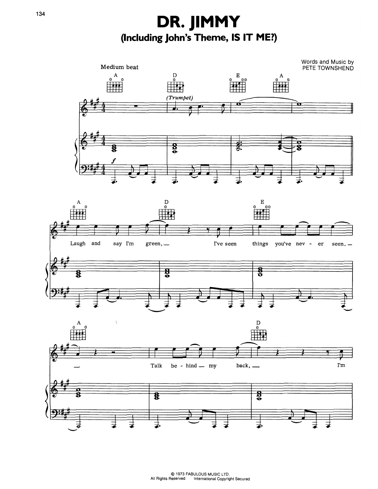 The Who Doctor Jimmy sheet music notes and chords arranged for Piano, Vocal & Guitar Chords (Right-Hand Melody)