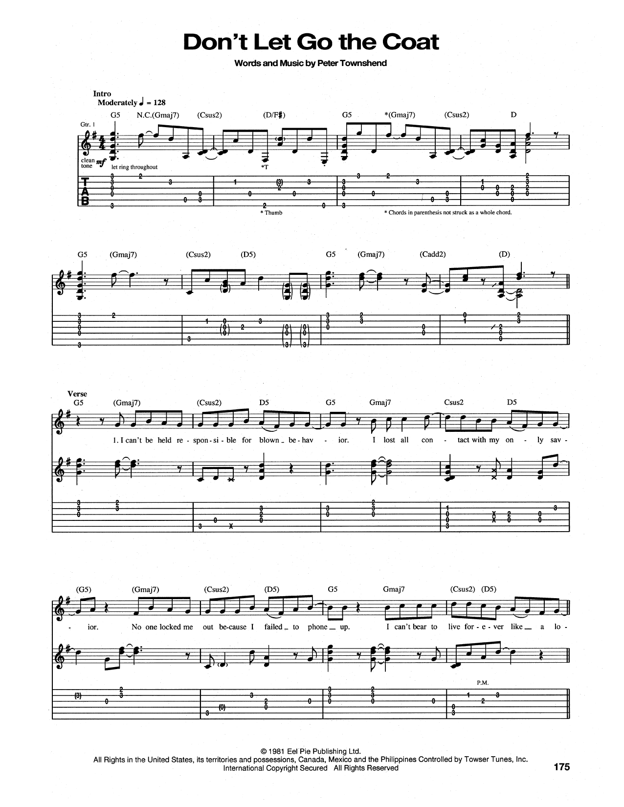The Who Don't Let Go The Coat sheet music notes and chords arranged for Piano, Vocal & Guitar Chords (Right-Hand Melody)