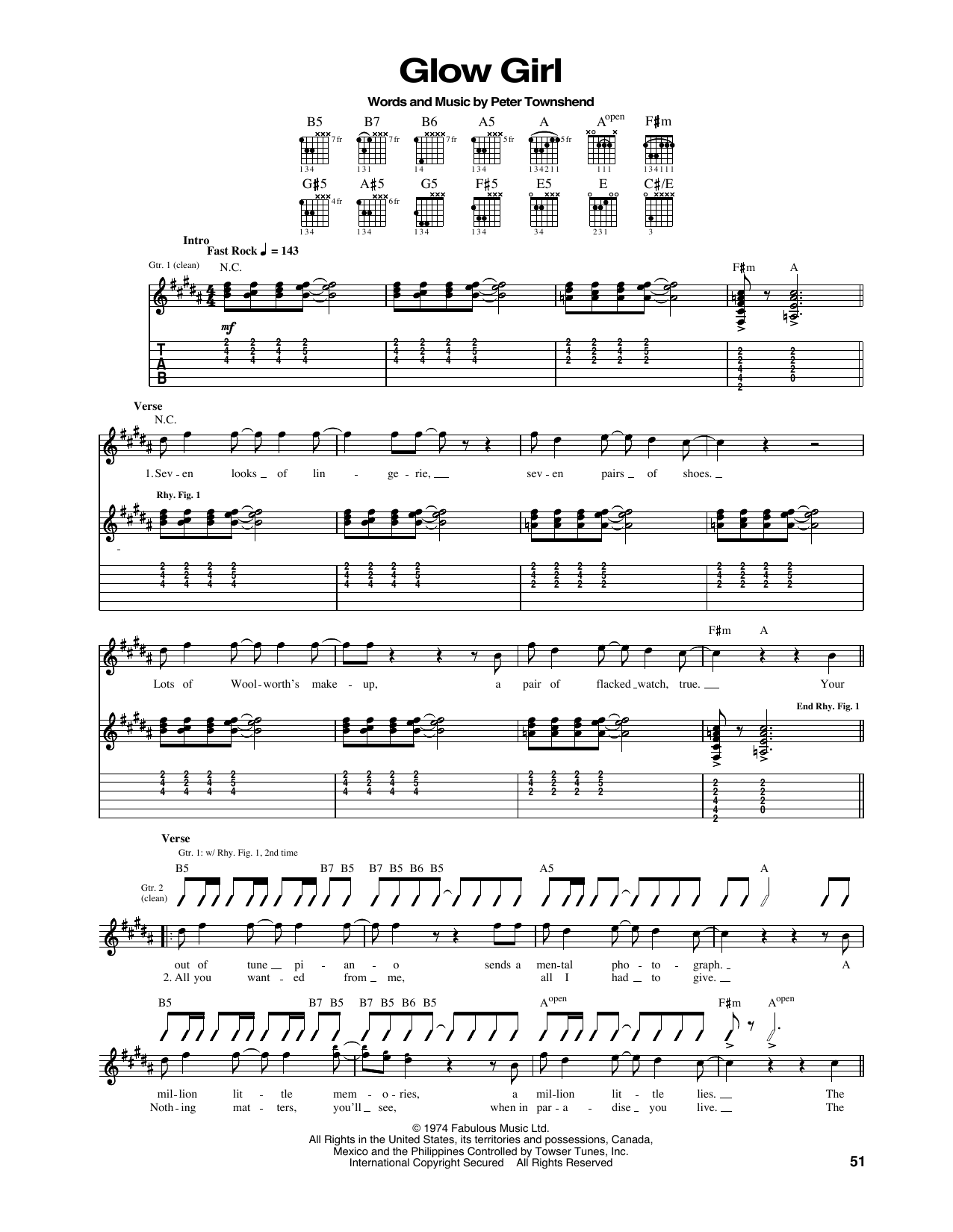The Who Glow Girl sheet music notes and chords arranged for Guitar Tab