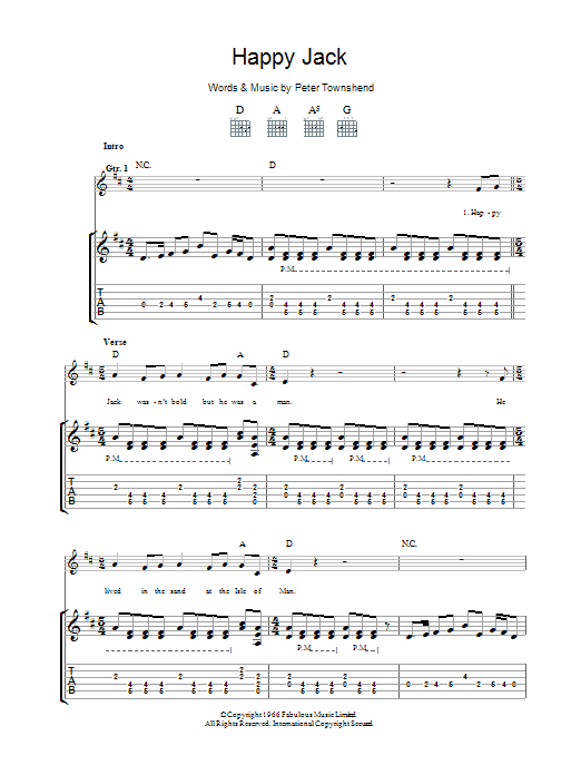 The Who Happy Jack sheet music notes and chords arranged for Piano, Vocal & Guitar Chords (Right-Hand Melody)