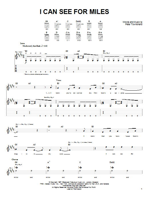 The Who I Can See For Miles sheet music notes and chords arranged for Guitar Chords/Lyrics
