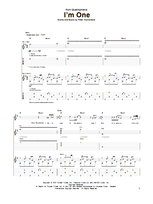The Who I'm One sheet music notes and chords arranged for Guitar Tab